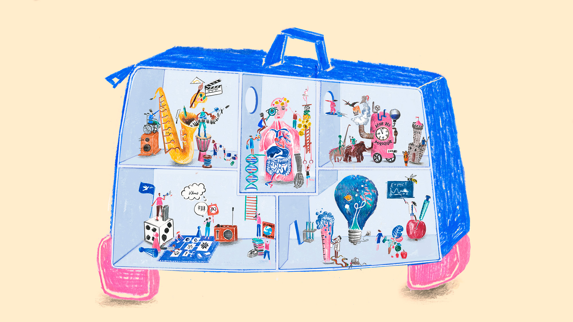 Ansicht des Potite-Koffers, Ein Koffer mit verschiedenen Räumen, illustriert von Lina Zimmerman